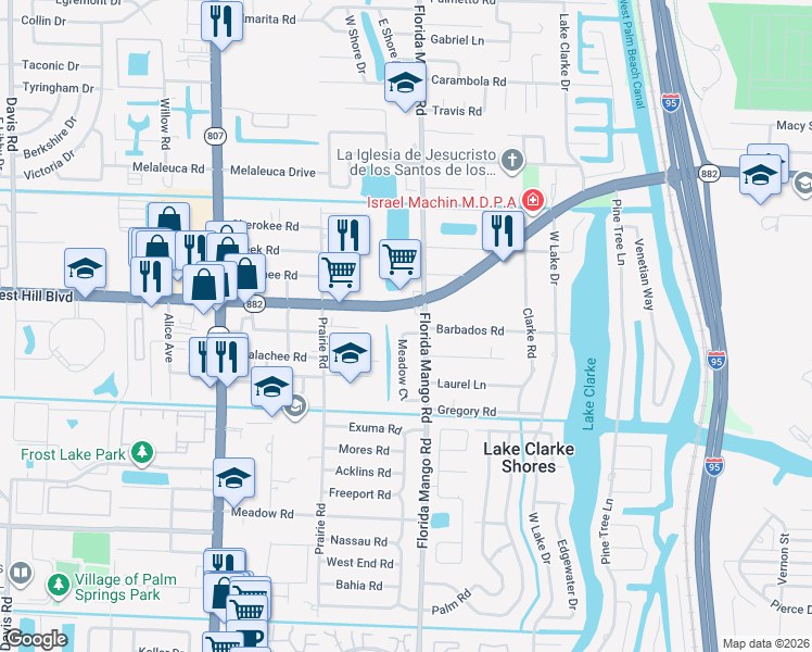 map of restaurants, bars, coffee shops, grocery stores, and more near in Lake Clarke Shores