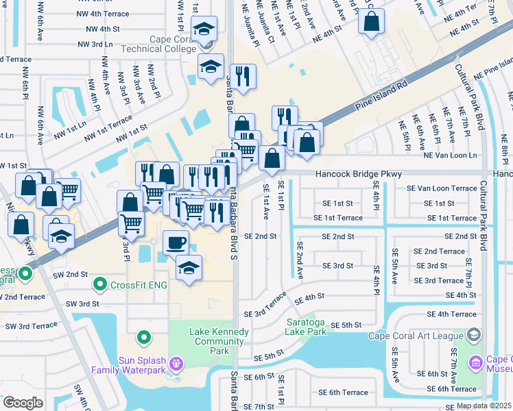 map of restaurants, bars, coffee shops, grocery stores, and more near 132 Southeast Santa Barbara Place in Cape Coral