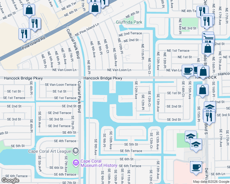 map of restaurants, bars, coffee shops, grocery stores, and more near 23 Southeast 10th Avenue in Cape Coral