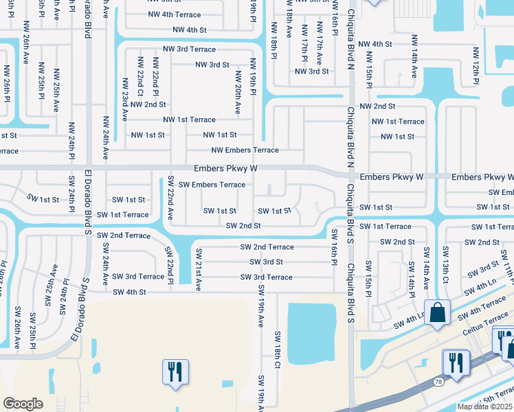 map of restaurants, bars, coffee shops, grocery stores, and more near 1816 Embers Lane in Cape Coral