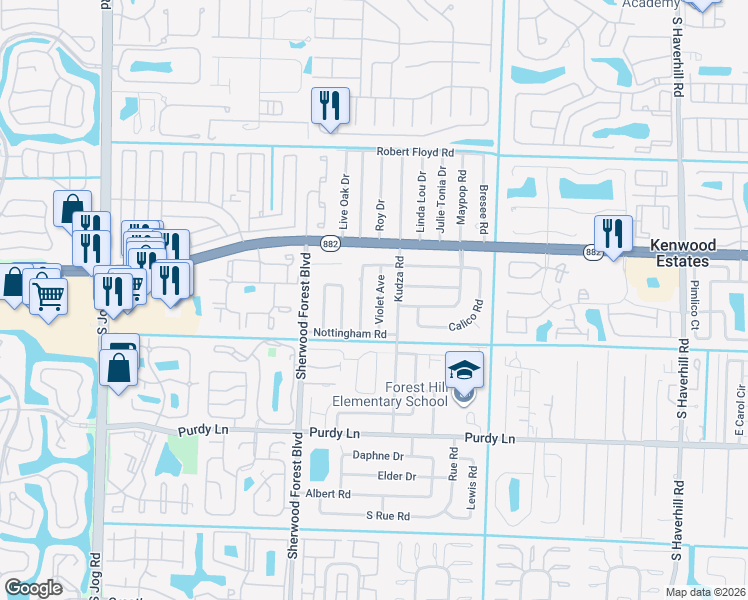map of restaurants, bars, coffee shops, grocery stores, and more near 1865 Baythorne Road in West Palm Beach