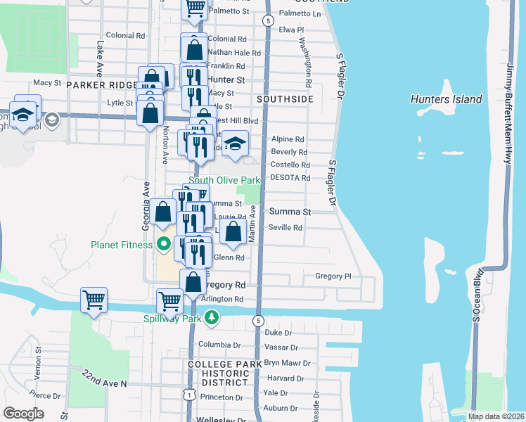 map of restaurants, bars, coffee shops, grocery stores, and more near 291 Summa Street in West Palm Beach