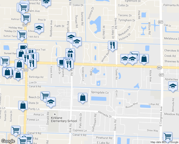 map of restaurants, bars, coffee shops, grocery stores, and more near 8 Bell Lane in West Palm Beach