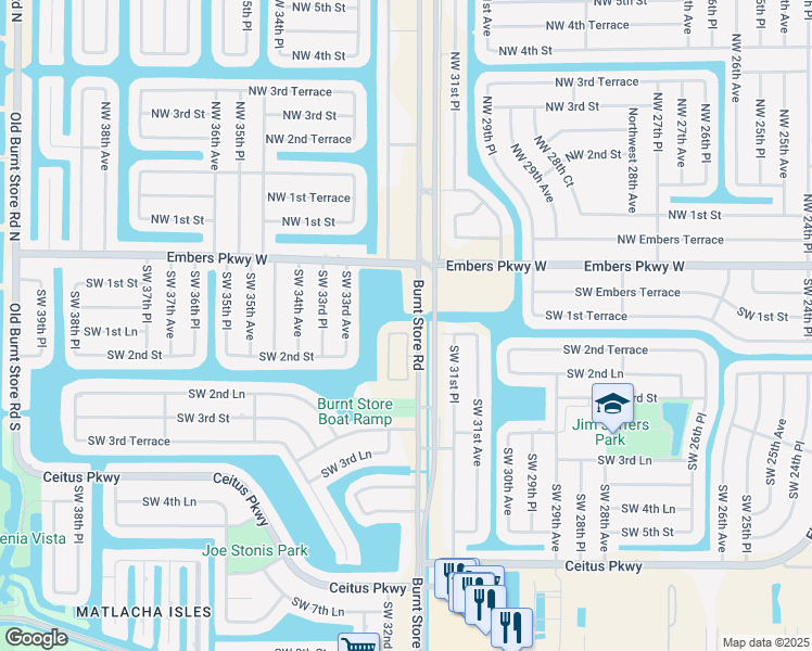 map of restaurants, bars, coffee shops, grocery stores, and more near 112 Burnt Store Road in Cape Coral
