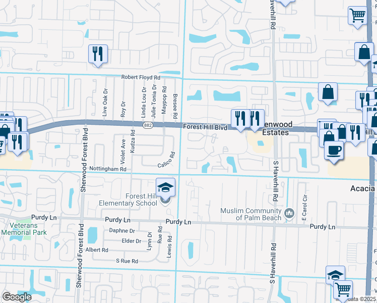 map of restaurants, bars, coffee shops, grocery stores, and more near 1885 Abbey Road in West Palm Beach
