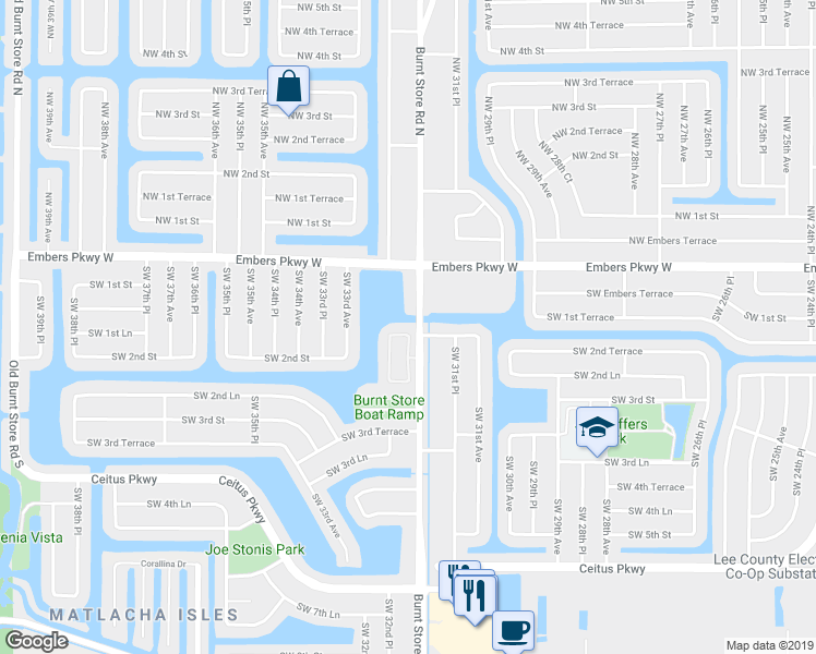 map of restaurants, bars, coffee shops, grocery stores, and more near 112 Burnt Store Road in Cape Coral