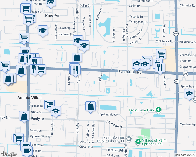 map of restaurants, bars, coffee shops, grocery stores, and more near 8 Bell Lane in West Palm Beach