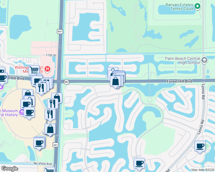 map of restaurants, bars, coffee shops, grocery stores, and more near 9638 Wolcott Place in Wellington