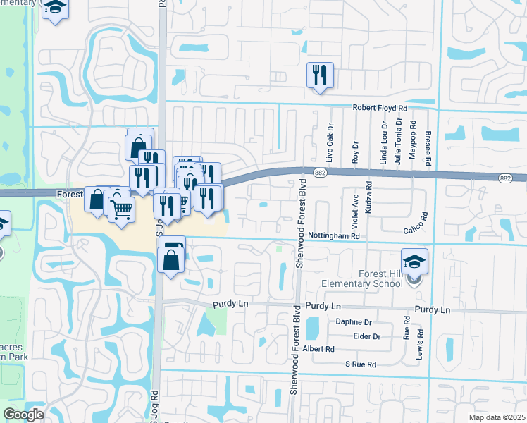 map of restaurants, bars, coffee shops, grocery stores, and more near 6106 Forest Hill Boulevard in West Palm Beach