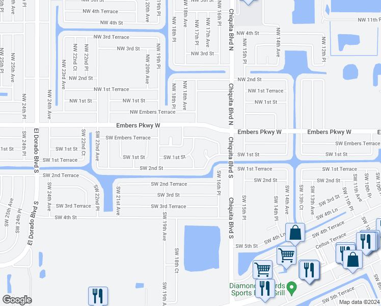 map of restaurants, bars, coffee shops, grocery stores, and more near 2832 Southwest 17th Place in Cape Coral