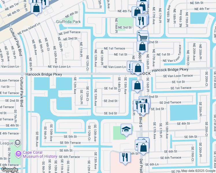 map of restaurants, bars, coffee shops, grocery stores, and more near 1327 Southeast 1st Street in Cape Coral