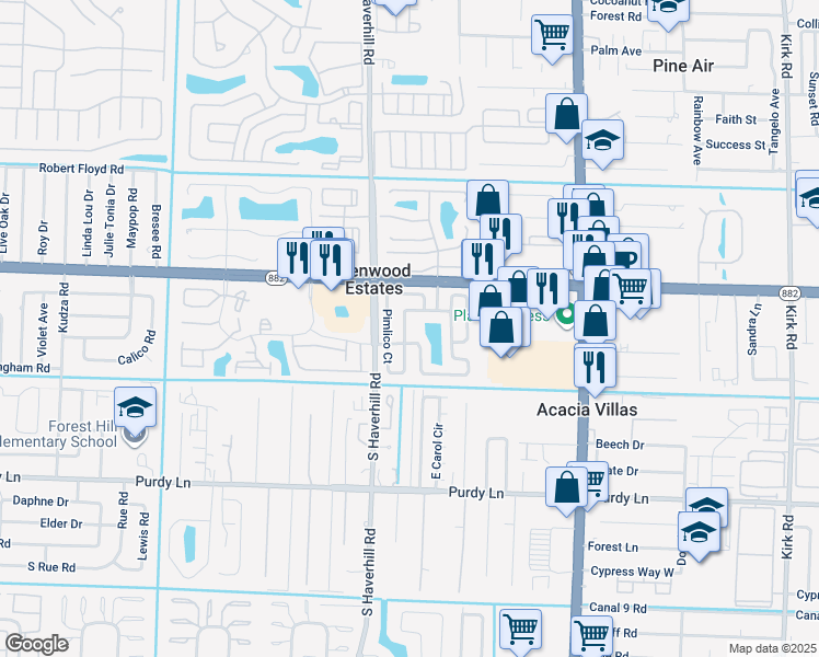 map of restaurants, bars, coffee shops, grocery stores, and more near 4900 Pimlico Court in West Palm Beach