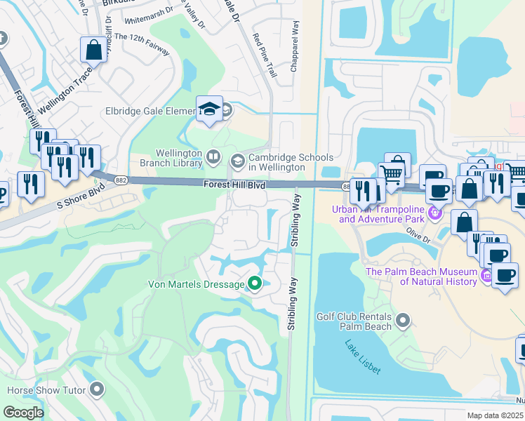map of restaurants, bars, coffee shops, grocery stores, and more near 11685 Wimbledon Circle in Wellington