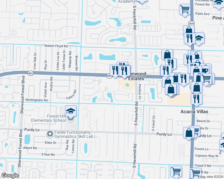 map of restaurants, bars, coffee shops, grocery stores, and more near 1838 Abbey Road in West Palm Beach