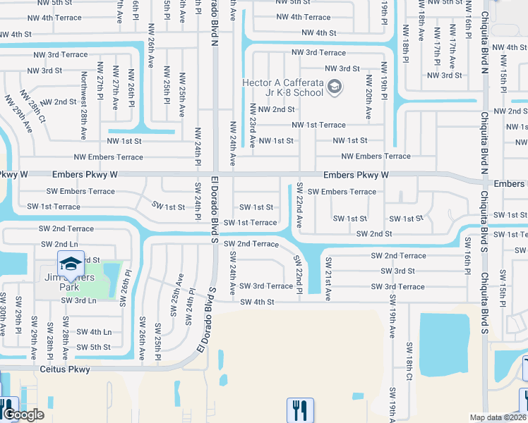 map of restaurants, bars, coffee shops, grocery stores, and more near 2221 Southwest 1st Street in Cape Coral