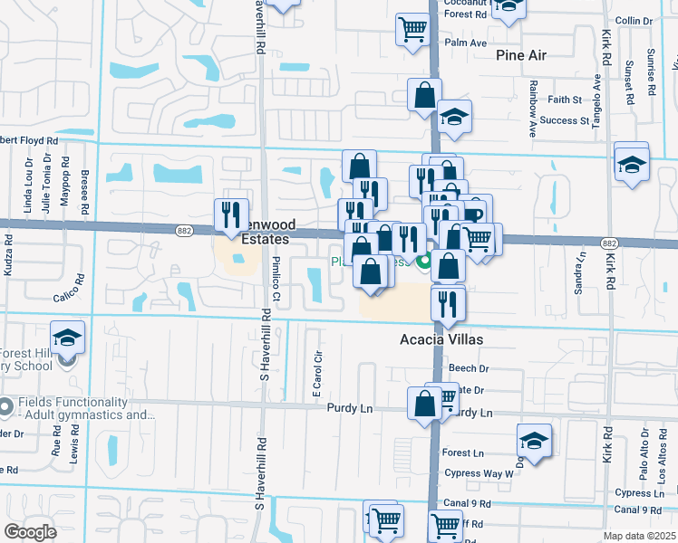 map of restaurants, bars, coffee shops, grocery stores, and more near 1822 Keenland Circle in West Palm Beach