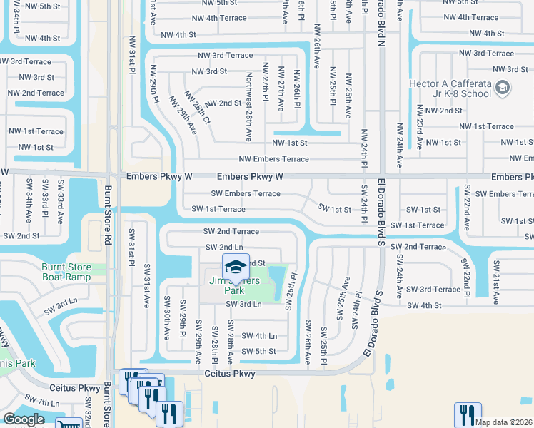 map of restaurants, bars, coffee shops, grocery stores, and more near 2717 Southwest 1st Terrace in Cape Coral