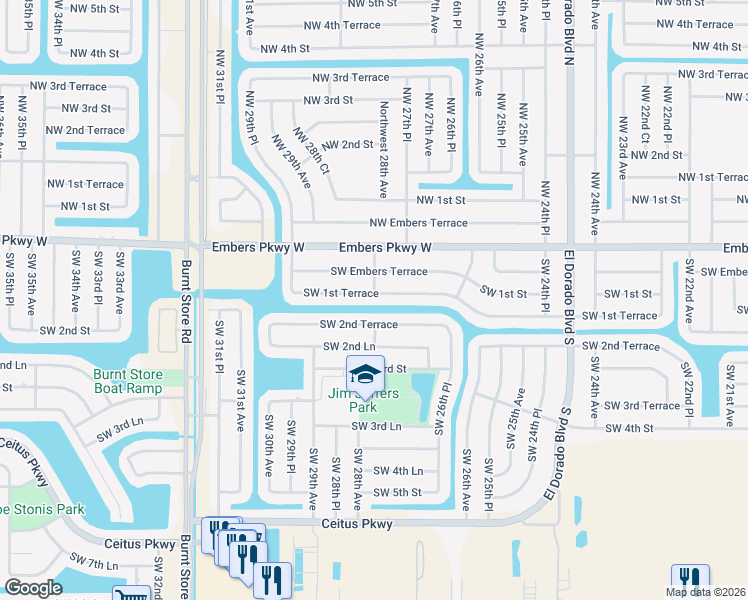 map of restaurants, bars, coffee shops, grocery stores, and more near 2800 Southwest 1st Terrace in Cape Coral