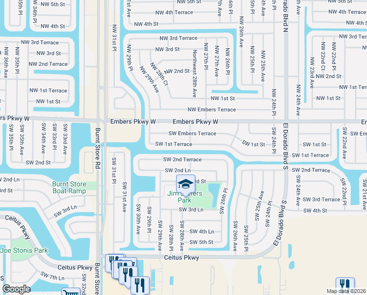 map of restaurants, bars, coffee shops, grocery stores, and more near 2800 Southwest 1st Terrace in Cape Coral