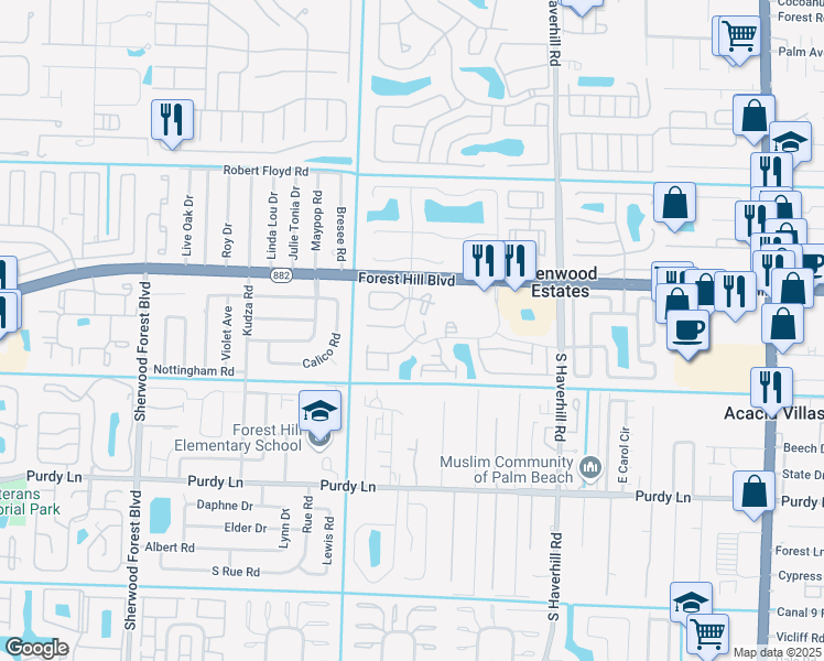 map of restaurants, bars, coffee shops, grocery stores, and more near 1867 Abbey Road in West Palm Beach