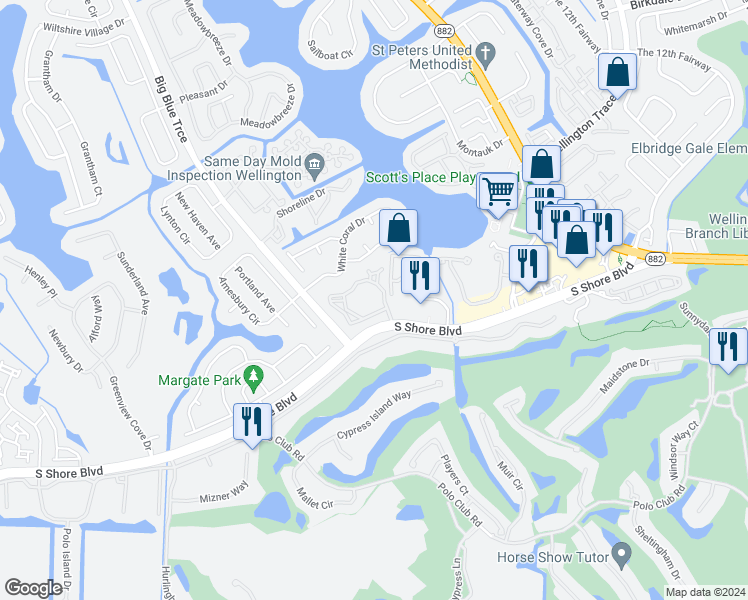 map of restaurants, bars, coffee shops, grocery stores, and more near 2075 Polo Gardens Drive in Wellington