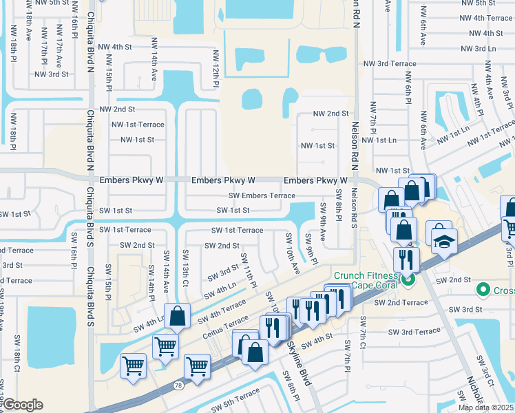 map of restaurants, bars, coffee shops, grocery stores, and more near 1021 Southwest 1st Street in Cape Coral