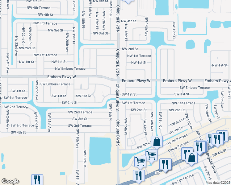 map of restaurants, bars, coffee shops, grocery stores, and more near 21 Southwest 16th Place in Cape Coral