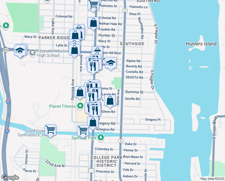 map of restaurants, bars, coffee shops, grocery stores, and more near 330 Summa Street in West Palm Beach