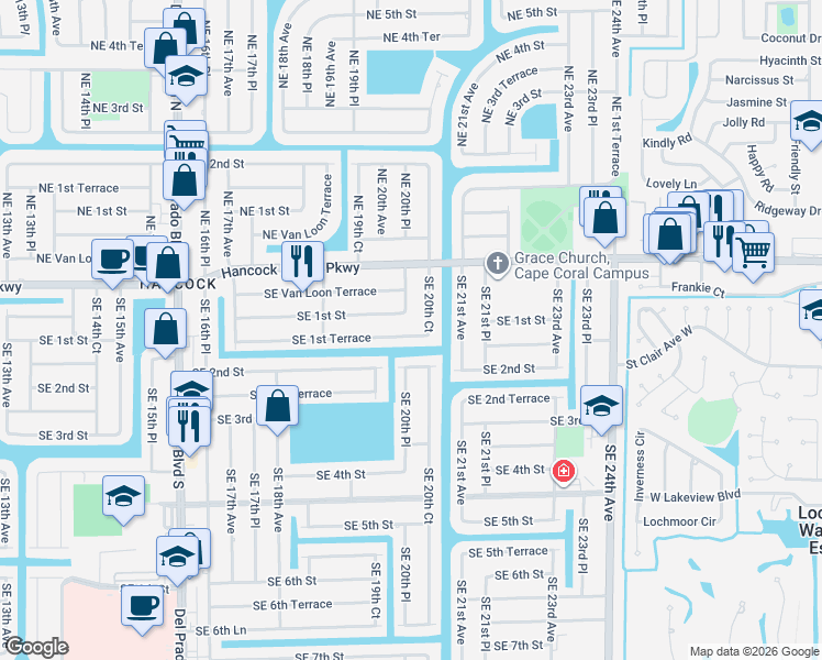 map of restaurants, bars, coffee shops, grocery stores, and more near 32 Southeast 20th Court in Cape Coral