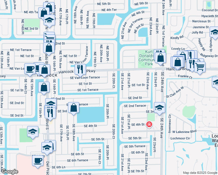 map of restaurants, bars, coffee shops, grocery stores, and more near 32 Southeast 20th Court in Cape Coral