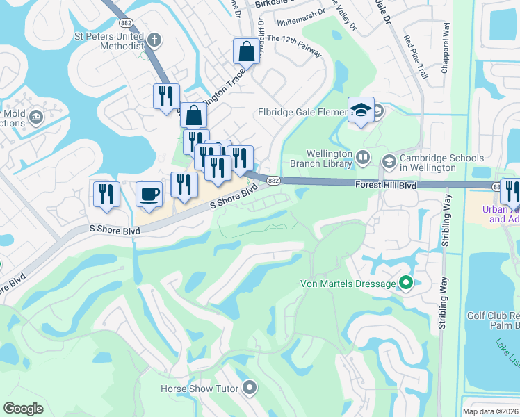 map of restaurants, bars, coffee shops, grocery stores, and more near 11761 Saint Andrews Place in Wellington