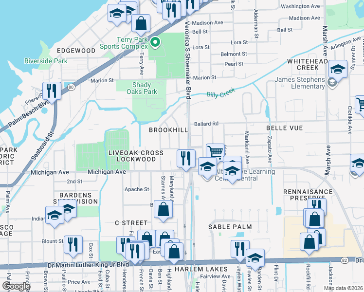 map of restaurants, bars, coffee shops, grocery stores, and more near 1430 Gardenia Avenue in Fort Myers