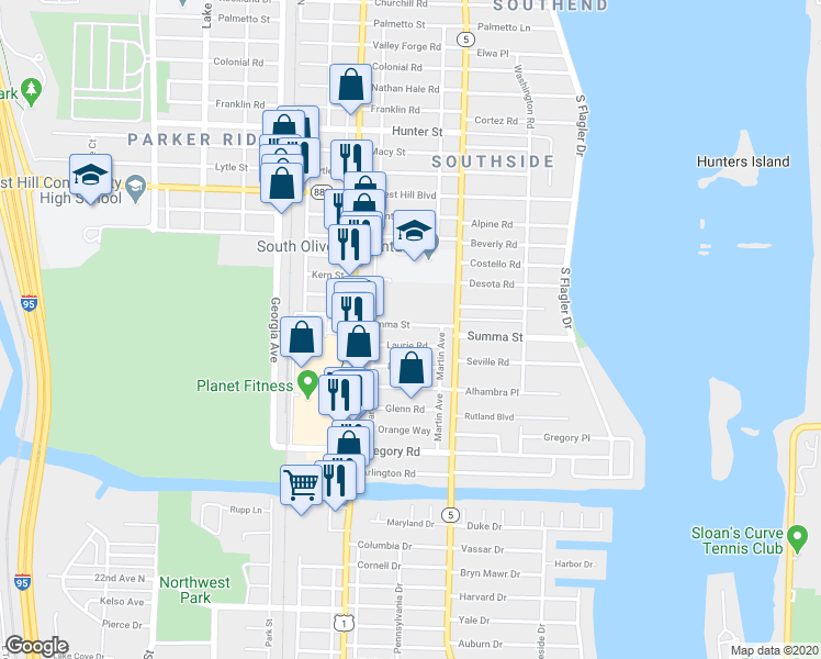 map of restaurants, bars, coffee shops, grocery stores, and more near 330 Summa Street in West Palm Beach