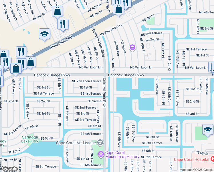 map of restaurants, bars, coffee shops, grocery stores, and more near 119 Cultural Park Boulevard in Cape Coral