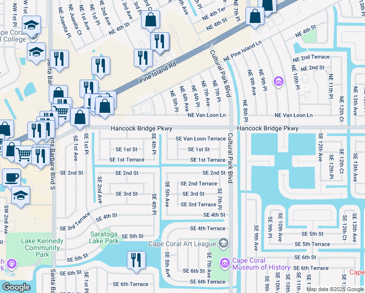 map of restaurants, bars, coffee shops, grocery stores, and more near 521 Southeast 1st Street in Cape Coral