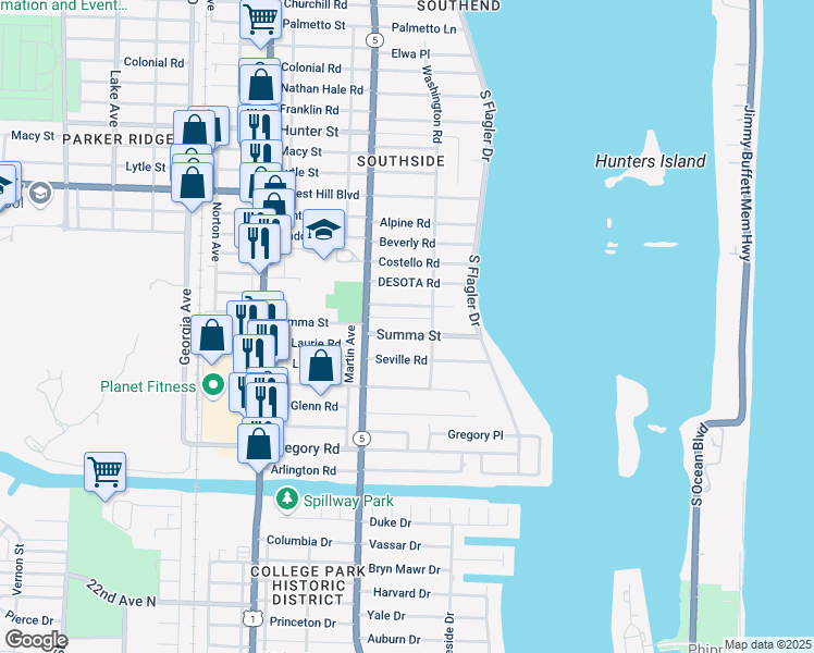 map of restaurants, bars, coffee shops, grocery stores, and more near 223 Summa Street in West Palm Beach