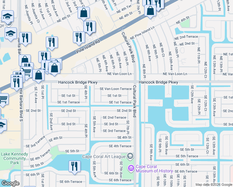 map of restaurants, bars, coffee shops, grocery stores, and more near 606 Southeast Van Loon Terrace in Cape Coral