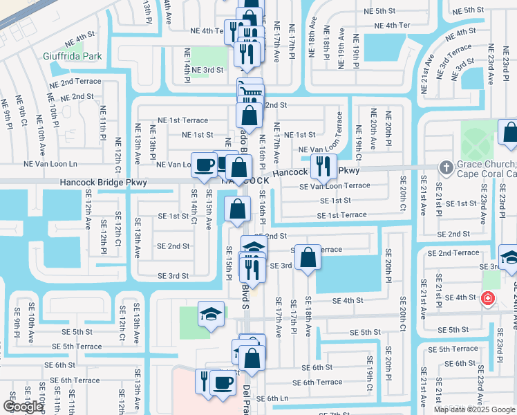 map of restaurants, bars, coffee shops, grocery stores, and more near 104 Southeast 16th Place in Cape Coral