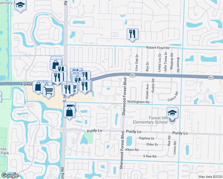 map of restaurants, bars, coffee shops, grocery stores, and more near 6100 Forest Hill Boulevard in West Palm Beach