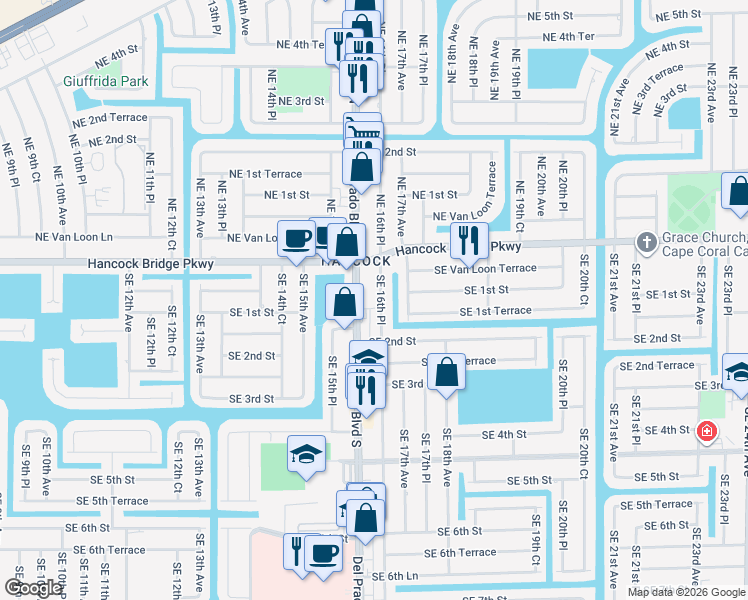 map of restaurants, bars, coffee shops, grocery stores, and more near 104 Southeast 16th Place in Cape Coral