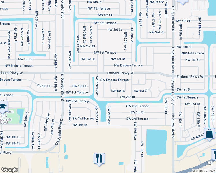 map of restaurants, bars, coffee shops, grocery stores, and more near 28 Southwest 21st Avenue in Cape Coral