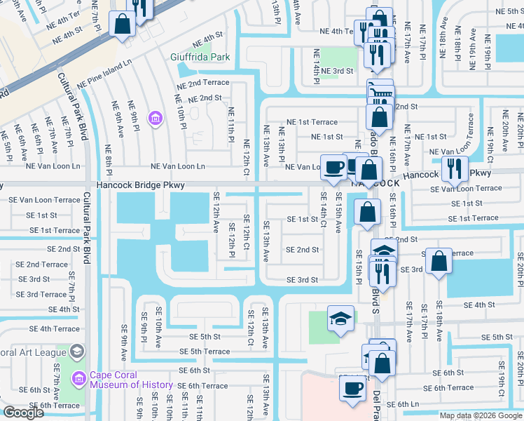 map of restaurants, bars, coffee shops, grocery stores, and more near 22 Southeast 13th Avenue in Cape Coral