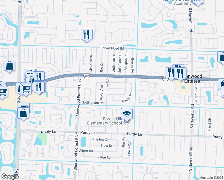 map of restaurants, bars, coffee shops, grocery stores, and more near 5690 Cinnamon Drive in West Palm Beach