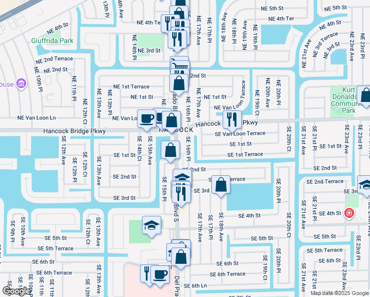 map of restaurants, bars, coffee shops, grocery stores, and more near 104 Southeast 16th Place in Cape Coral