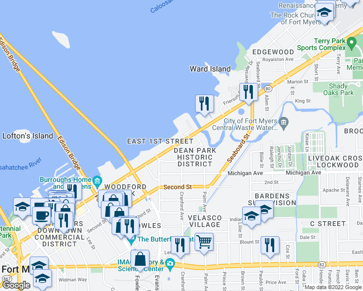 map of restaurants, bars, coffee shops, grocery stores, and more near 2746 First Street in Fort Myers