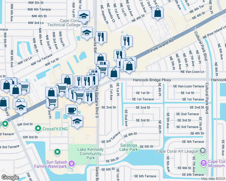 map of restaurants, bars, coffee shops, grocery stores, and more near 121 Southeast 1st Avenue in Cape Coral