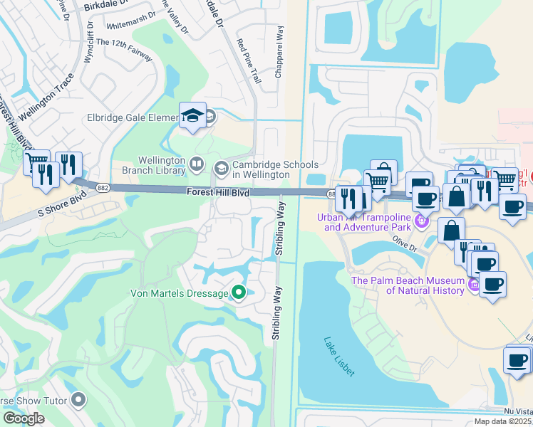 map of restaurants, bars, coffee shops, grocery stores, and more near 2067 Wightman Drive in Wellington