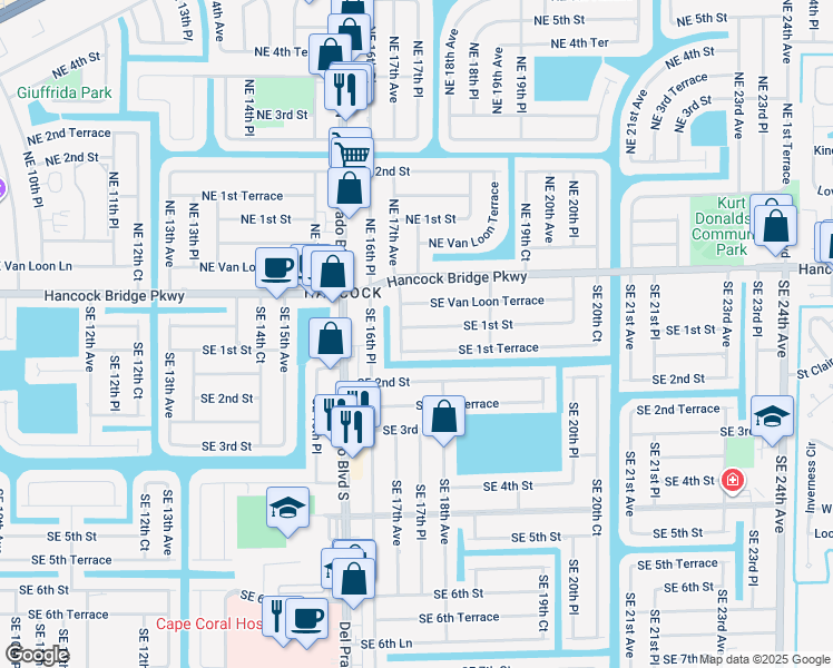 map of restaurants, bars, coffee shops, grocery stores, and more near 1708 Southeast 1st Street in Cape Coral