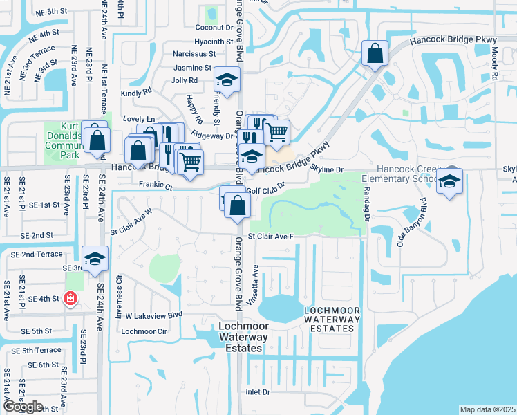map of restaurants, bars, coffee shops, grocery stores, and more near 4840 Golf Club Court in North Fort Myers