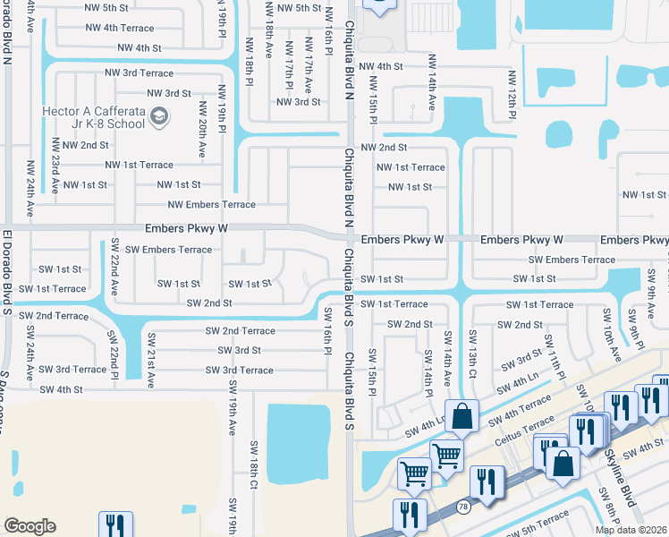 map of restaurants, bars, coffee shops, grocery stores, and more near 21 Southwest 16th Place in Cape Coral